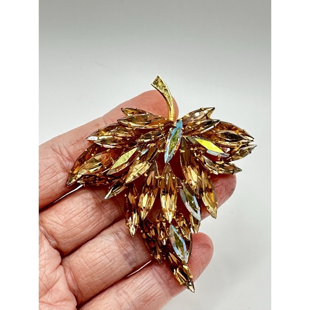 Vintage‎ Austrian Brooch Golden Tone Prong Set Navettes Crystals 3" Double Layer